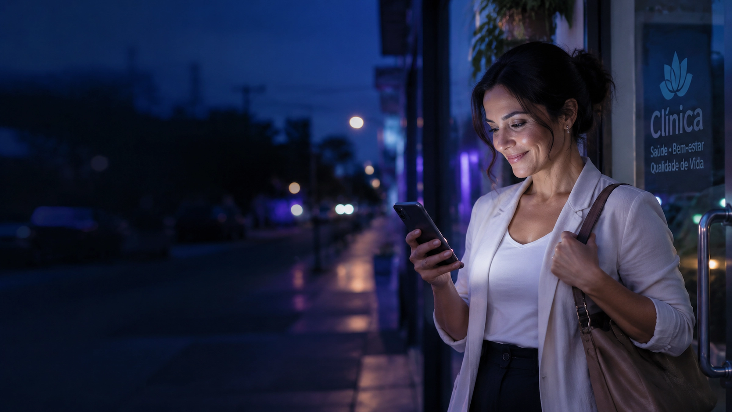 Cliente sorrindo ao receber resposta pelo celular na porta de uma clínica, à noite